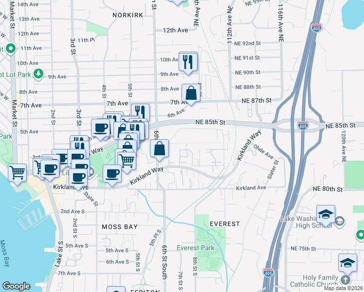 map of restaurants, bars, coffee shops, grocery stores, and more near 716 Kirkland Circle in Kirkland