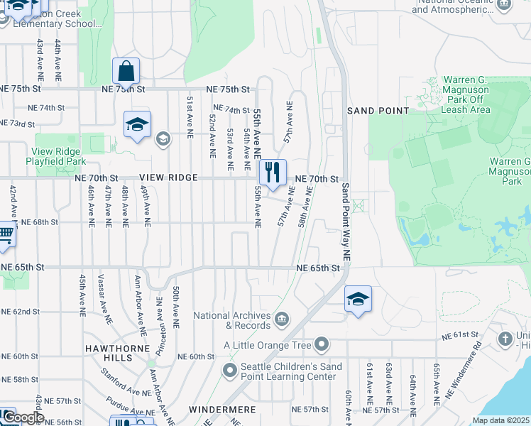 map of restaurants, bars, coffee shops, grocery stores, and more near 6621 57th Avenue Northeast in Seattle