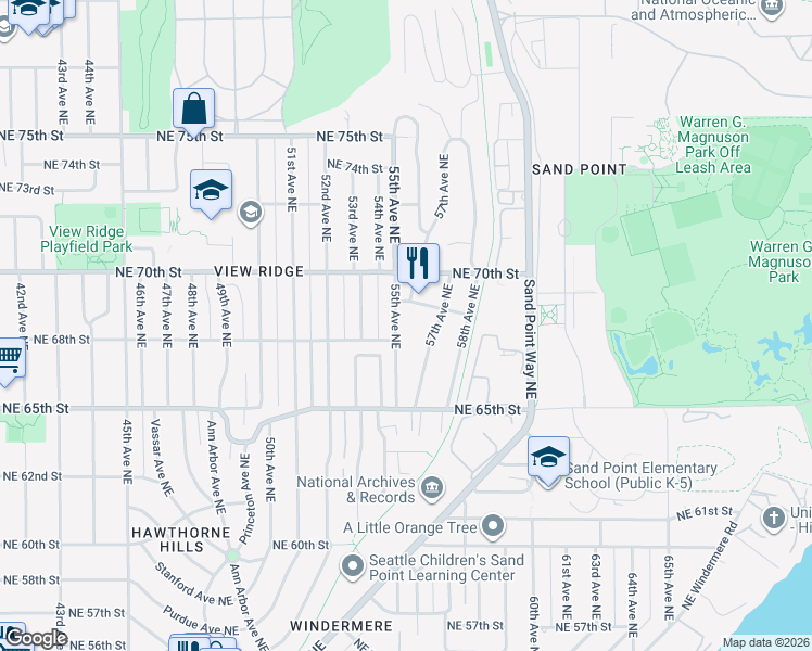 map of restaurants, bars, coffee shops, grocery stores, and more near 6621 57th Avenue Northeast in Seattle