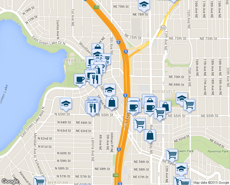 map of restaurants, bars, coffee shops, grocery stores, and more near 520 Northeast Ravenna Boulevard in Seattle