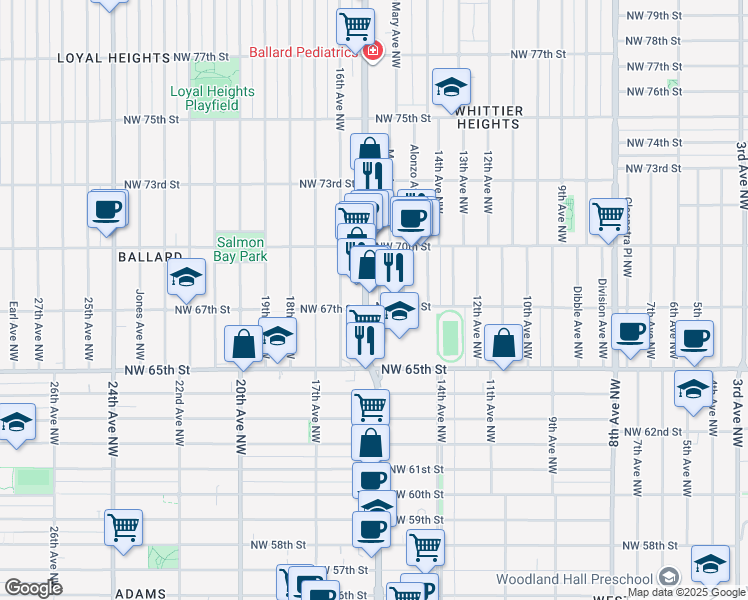 map of restaurants, bars, coffee shops, grocery stores, and more near 1471 Northwest 67th Street in Seattle