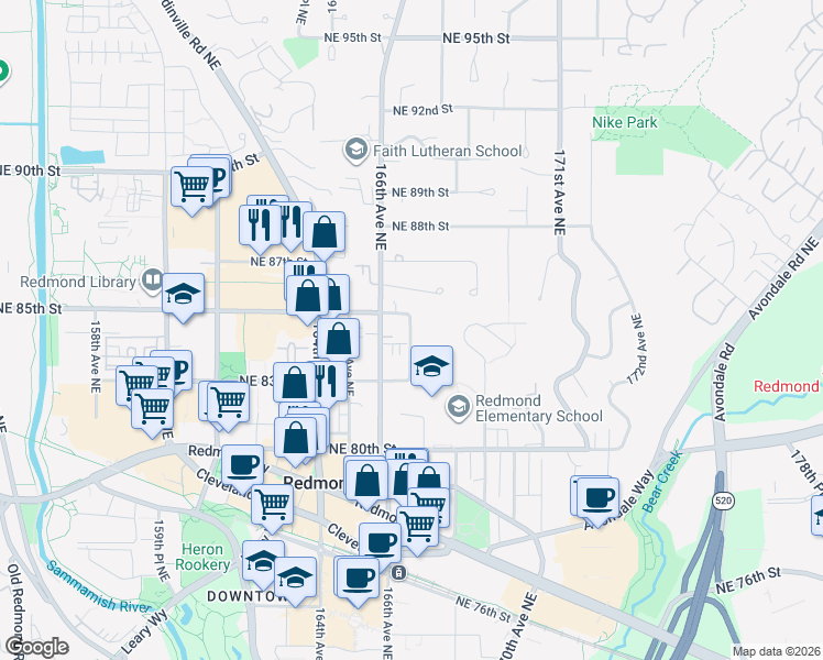map of restaurants, bars, coffee shops, grocery stores, and more near 8386 167th Avenue Northeast in Redmond