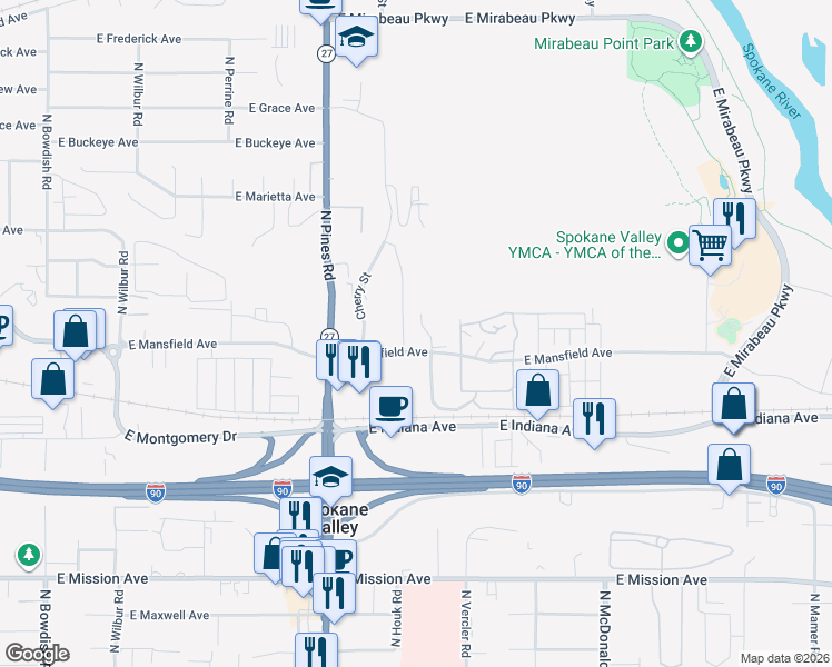 map of restaurants, bars, coffee shops, grocery stores, and more near 2206 North Houk Road in Spokane Valley