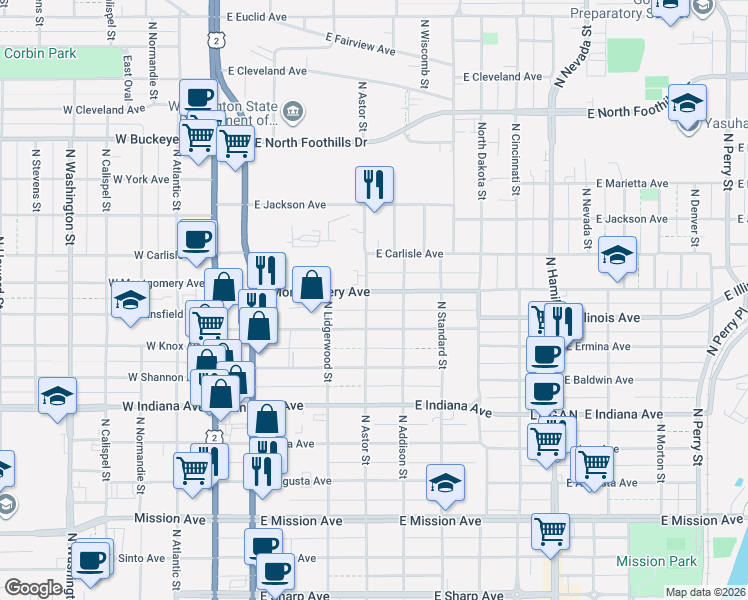 map of restaurants, bars, coffee shops, grocery stores, and more near 406 East Montgomery Avenue in Spokane
