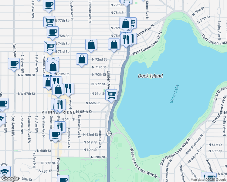 map of restaurants, bars, coffee shops, grocery stores, and more near 925 North 67th Street in Seattle
