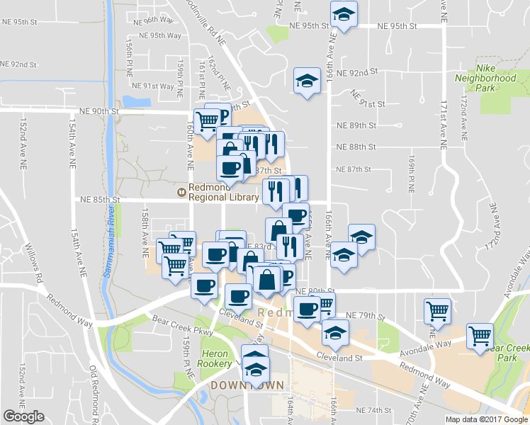 map of restaurants, bars, coffee shops, grocery stores, and more near 16275 Northeast 85th Street in Redmond
