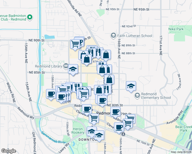 map of restaurants, bars, coffee shops, grocery stores, and more near 16340 Northeast 83rd Street in Redmond