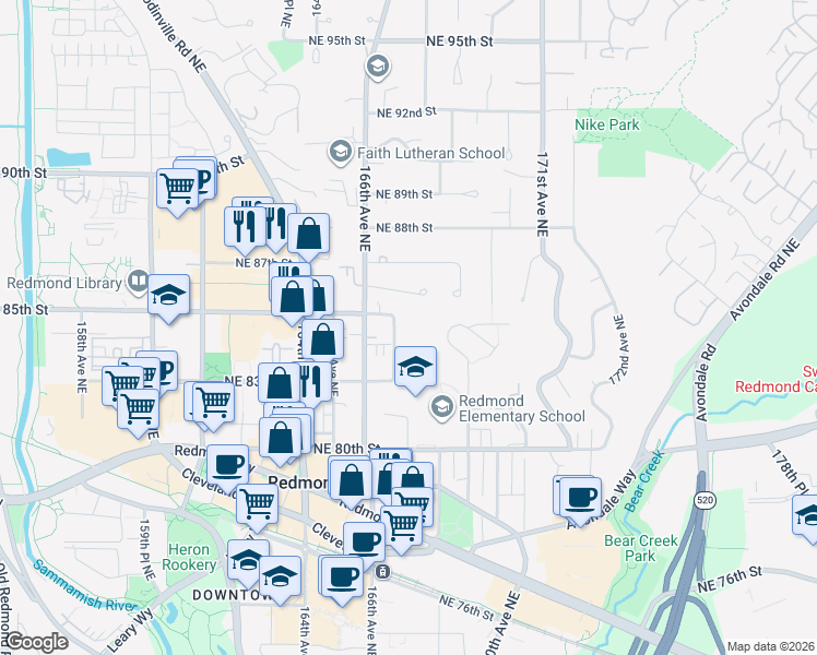 map of restaurants, bars, coffee shops, grocery stores, and more near 8430 167th Avenue Northeast in Redmond