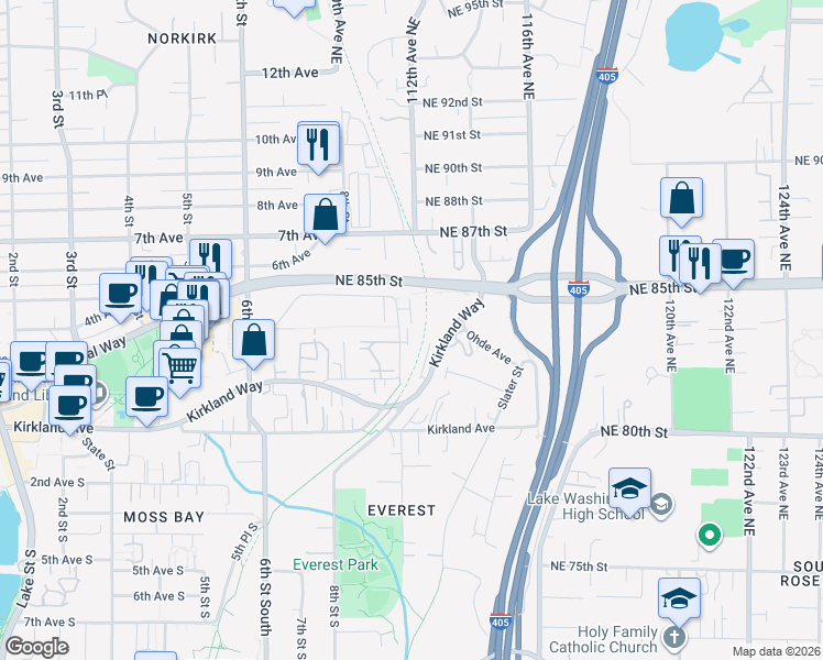 map of restaurants, bars, coffee shops, grocery stores, and more near 8423 114th Avenue Northeast in Kirkland