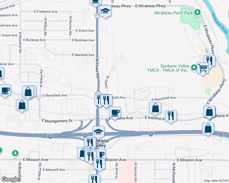 map of restaurants, bars, coffee shops, grocery stores, and more near 12423 East Mansfield Avenue in Spokane Valley