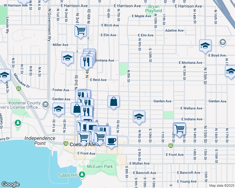 map of restaurants, bars, coffee shops, grocery stores, and more near 701 East Garden Avenue in Coeur d'Alene