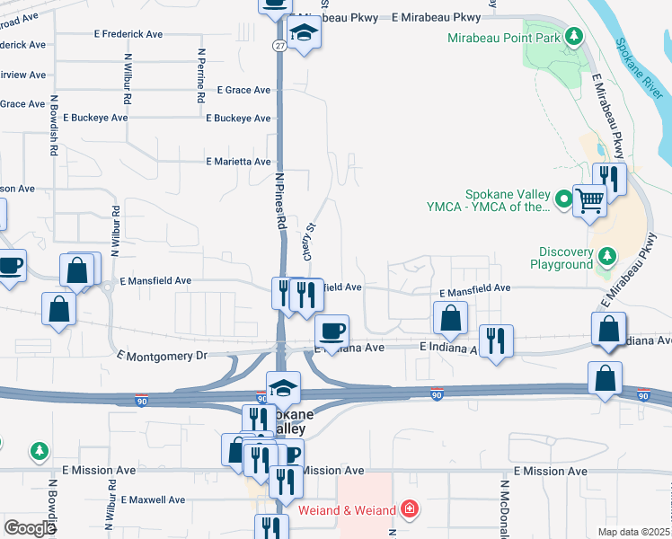 map of restaurants, bars, coffee shops, grocery stores, and more near 12422 East Mansfield Avenue in Spokane Valley