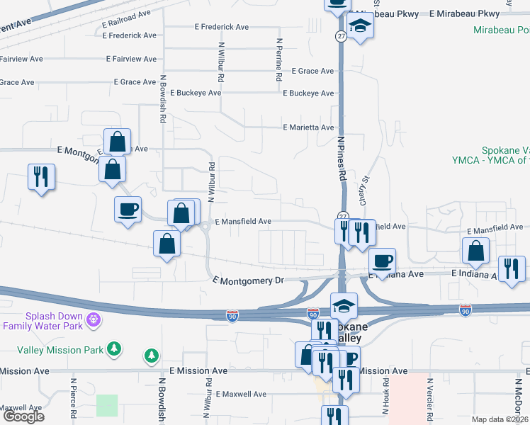 map of restaurants, bars, coffee shops, grocery stores, and more near 11900 East Mansfield Avenue in Spokane Valley
