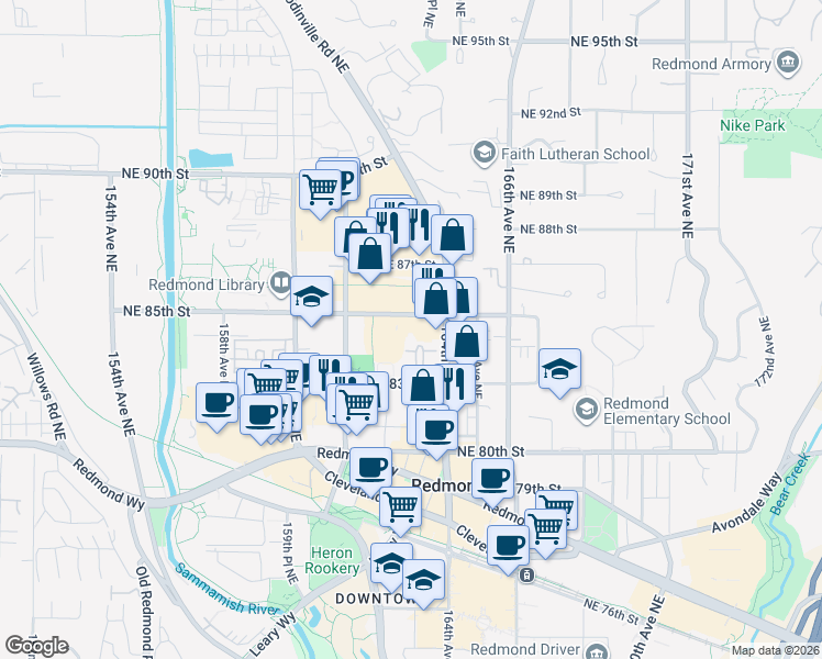 map of restaurants, bars, coffee shops, grocery stores, and more near 16366 Northeast 83rd Street in Redmond