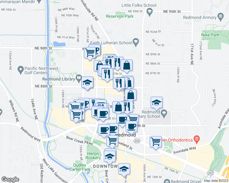 map of restaurants, bars, coffee shops, grocery stores, and more near 16366 Northeast 83rd Street in Redmond