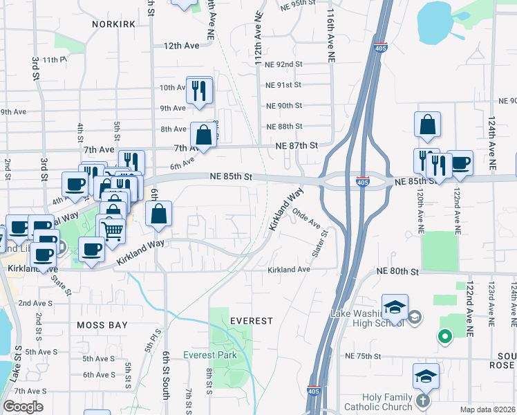 map of restaurants, bars, coffee shops, grocery stores, and more near 8423 114th Avenue Northeast in Kirkland