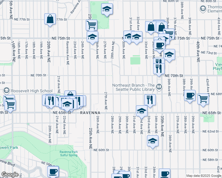map of restaurants, bars, coffee shops, grocery stores, and more near 2703 Northeast 68th Street in Seattle