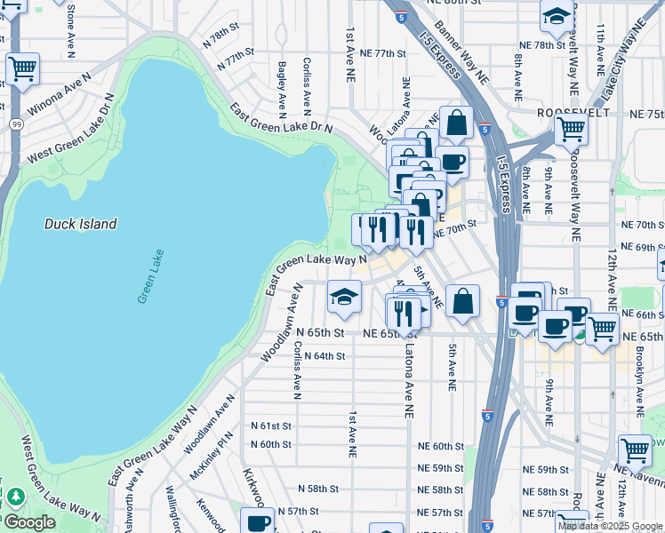 map of restaurants, bars, coffee shops, grocery stores, and more near 6549 Sunnyside Avenue North in Seattle