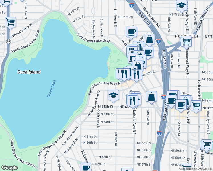map of restaurants, bars, coffee shops, grocery stores, and more near 6670 East Green Lake Way North in Seattle