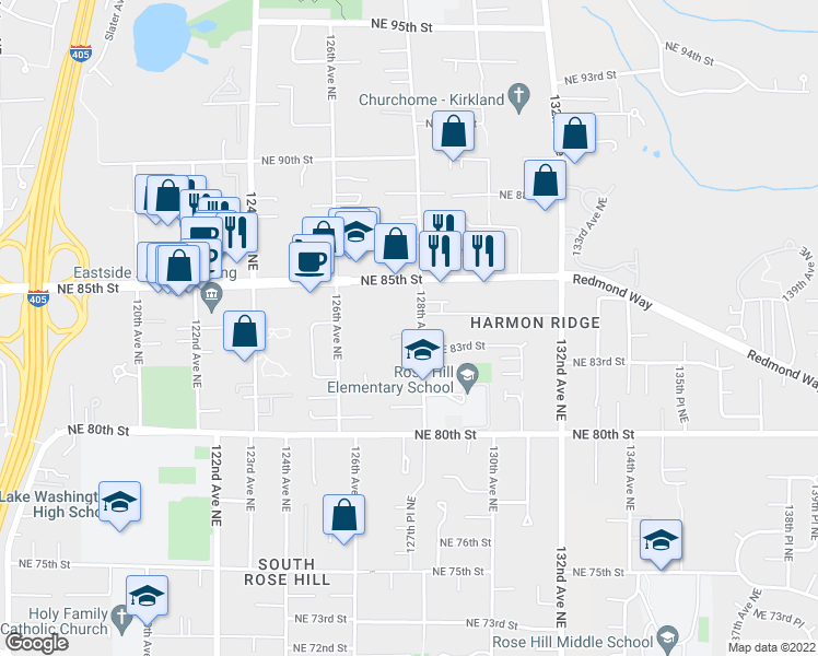 map of restaurants, bars, coffee shops, grocery stores, and more near 8325 128th Avenue Northeast in Kirkland