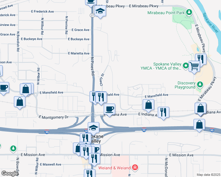 map of restaurants, bars, coffee shops, grocery stores, and more near 12422 East Mansfield Avenue in Spokane Valley