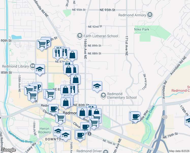 map of restaurants, bars, coffee shops, grocery stores, and more near 8438 167th Avenue Northeast in Redmond