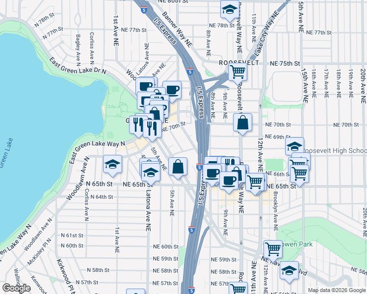 map of restaurants, bars, coffee shops, grocery stores, and more near 6806 Oswego Place Northeast in Seattle