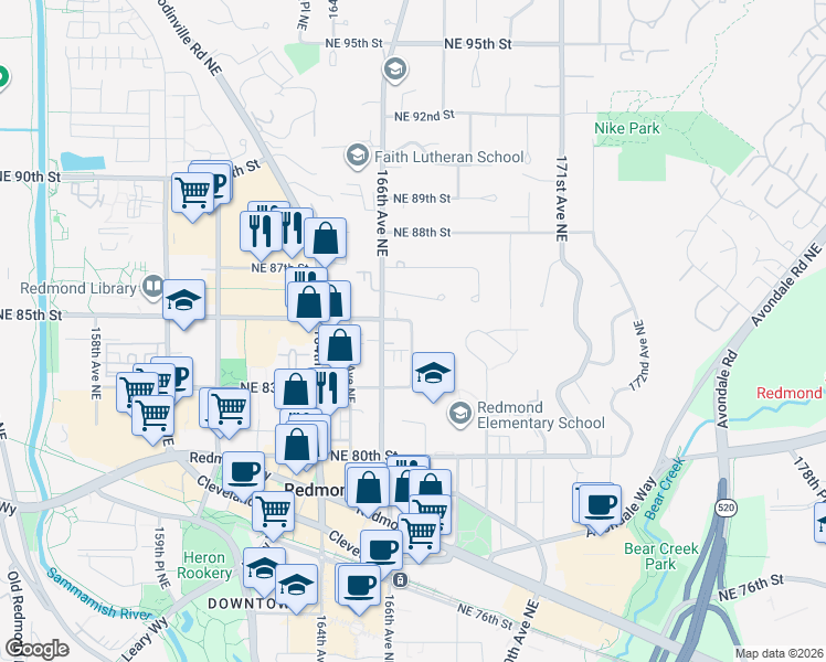 map of restaurants, bars, coffee shops, grocery stores, and more near 8430 167th Avenue Northeast in Redmond
