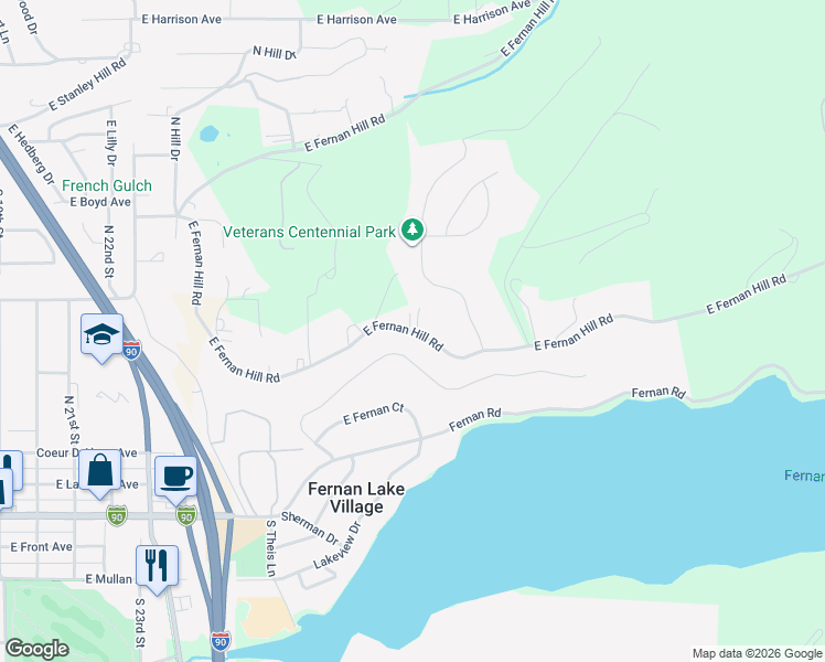 map of restaurants, bars, coffee shops, grocery stores, and more near 3014 East Fernan Terrace Drive in Coeur d'Alene