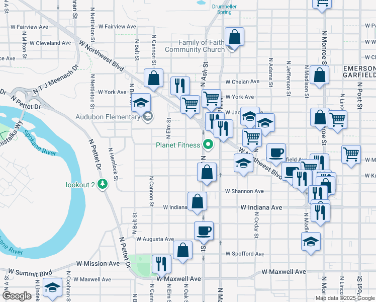 map of restaurants, bars, coffee shops, grocery stores, and more near 1723 West Mansfield Avenue in Spokane