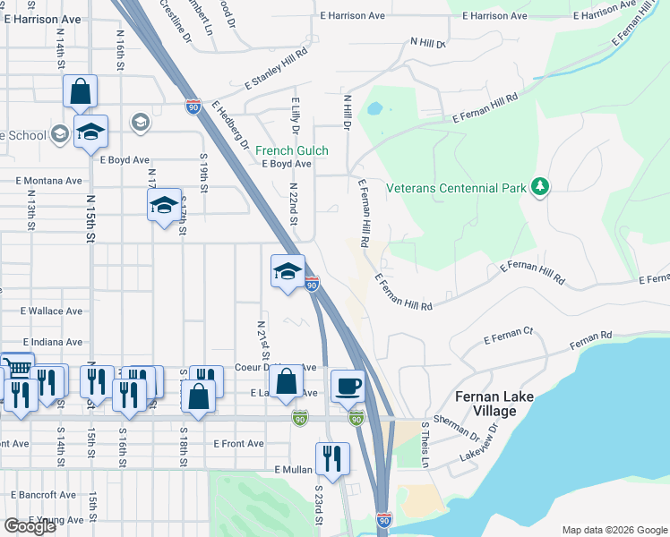 map of restaurants, bars, coffee shops, grocery stores, and more near 2310 East Pennsylvania Avenue in Coeur d'Alene