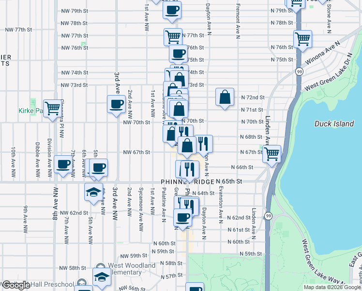 map of restaurants, bars, coffee shops, grocery stores, and more near 6710 Greenwood Avenue North in Seattle