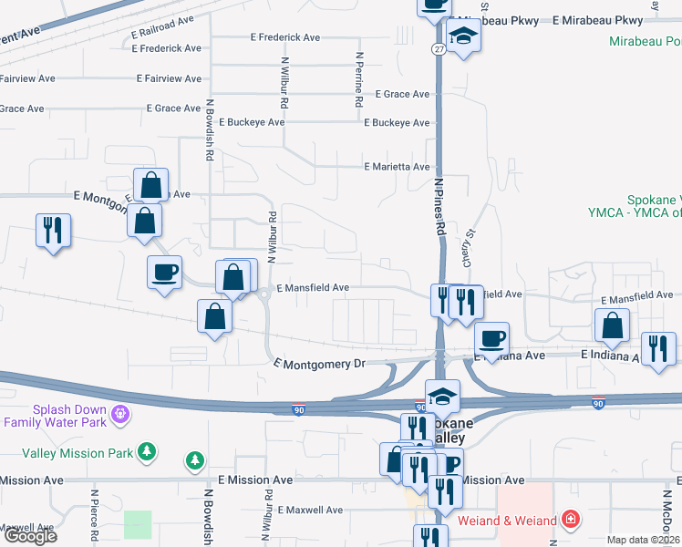 map of restaurants, bars, coffee shops, grocery stores, and more near 11900 East Mansfield Avenue in Spokane Valley