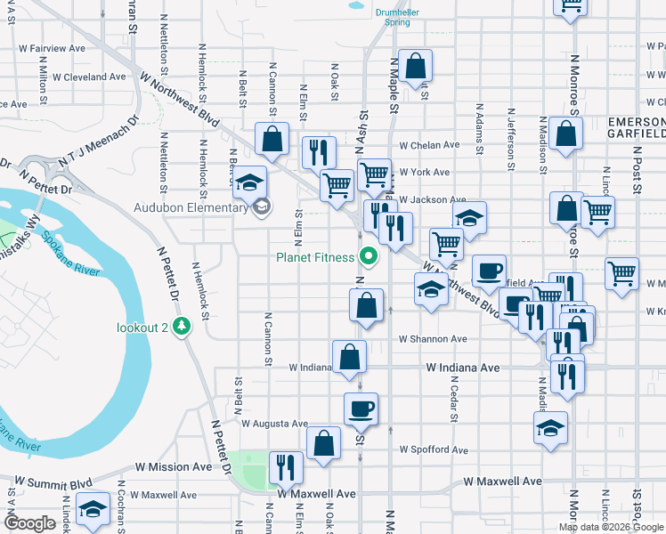 map of restaurants, bars, coffee shops, grocery stores, and more near 1723 West Mansfield Avenue in Spokane
