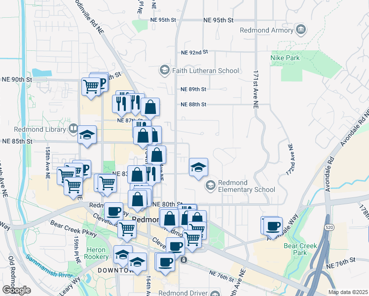 map of restaurants, bars, coffee shops, grocery stores, and more near 8342 167th Avenue Northeast in Redmond