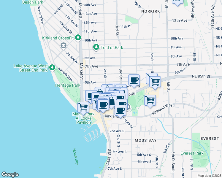 map of restaurants, bars, coffee shops, grocery stores, and more near 2222 2nd Place in Kirkland
