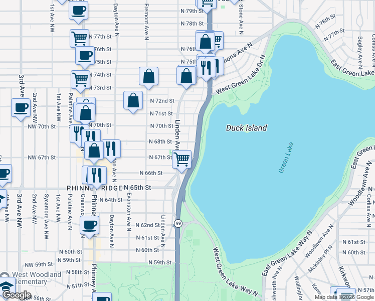 map of restaurants, bars, coffee shops, grocery stores, and more near 925 North 67th Street in Seattle