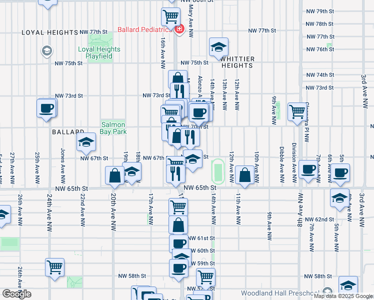 map of restaurants, bars, coffee shops, grocery stores, and more near 1471 Northwest 67th Street in Seattle