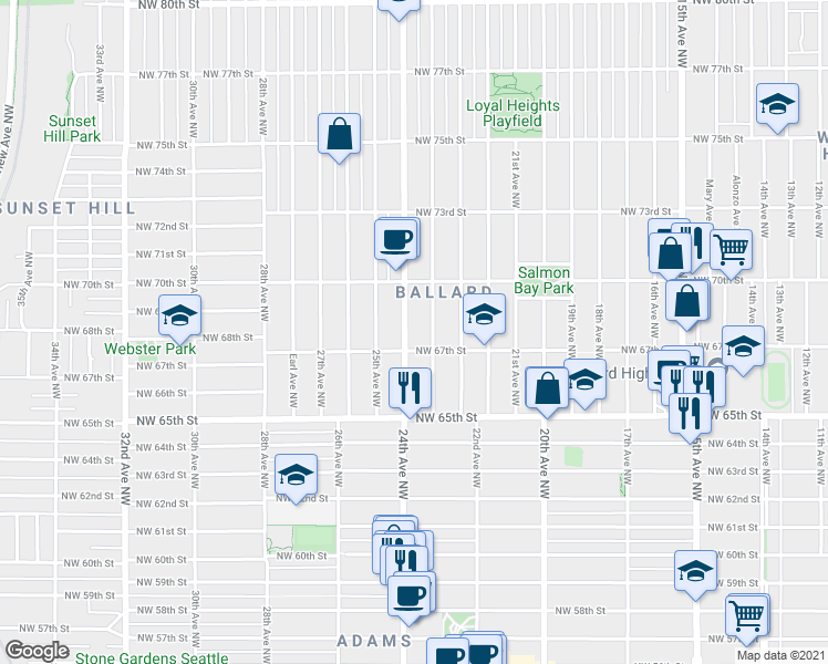 map of restaurants, bars, coffee shops, grocery stores, and more near 6559 Jones Avenue Northwest in Seattle