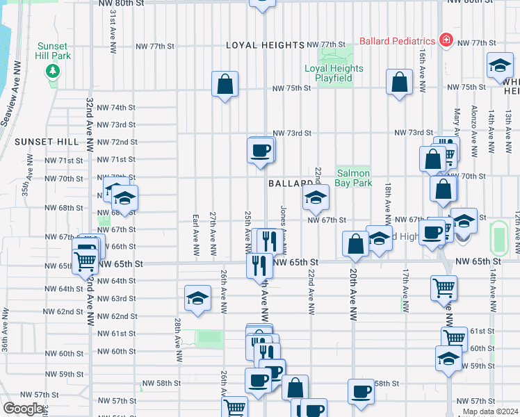 map of restaurants, bars, coffee shops, grocery stores, and more near 2405 Northwest 67th Street in Seattle