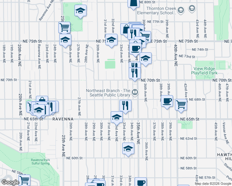 map of restaurants, bars, coffee shops, grocery stores, and more near 6555 32nd Avenue Northeast in Seattle