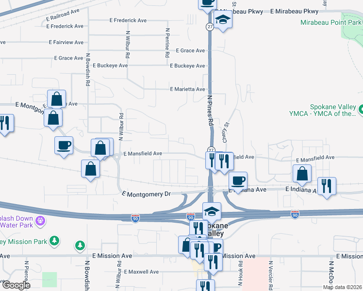 map of restaurants, bars, coffee shops, grocery stores, and more near 12111 East Mansfield Avenue in Spokane Valley