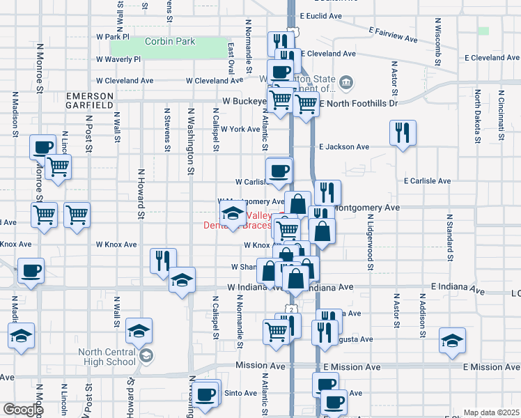 map of restaurants, bars, coffee shops, grocery stores, and more near 2126 North Atlantic Street in Spokane