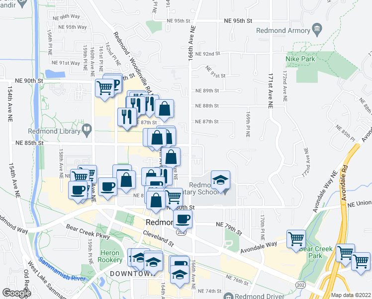 map of restaurants, bars, coffee shops, grocery stores, and more near 8357 166th Avenue Northeast in Redmond