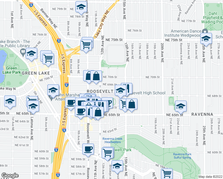 map of restaurants, bars, coffee shops, grocery stores, and more near 1410 Northeast 66th Street in Seattle