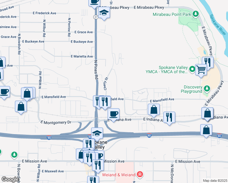 map of restaurants, bars, coffee shops, grocery stores, and more near 12423 East Mansfield Avenue in Spokane Valley