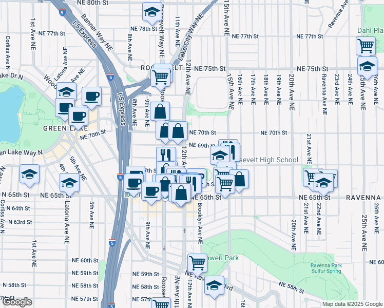 map of restaurants, bars, coffee shops, grocery stores, and more near 1226 Northeast 69th Street in Seattle