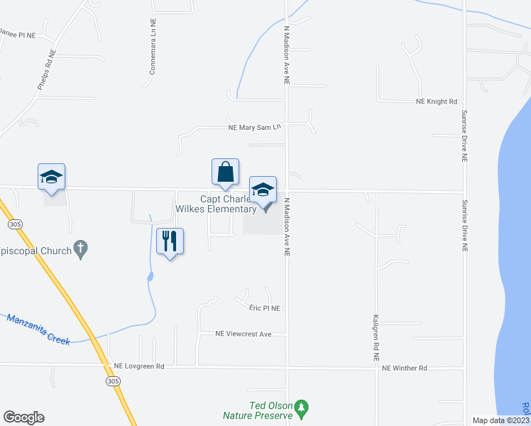 map of restaurants, bars, coffee shops, grocery stores, and more near 12781 North Madison Avenue Northeast in Bainbridge Island