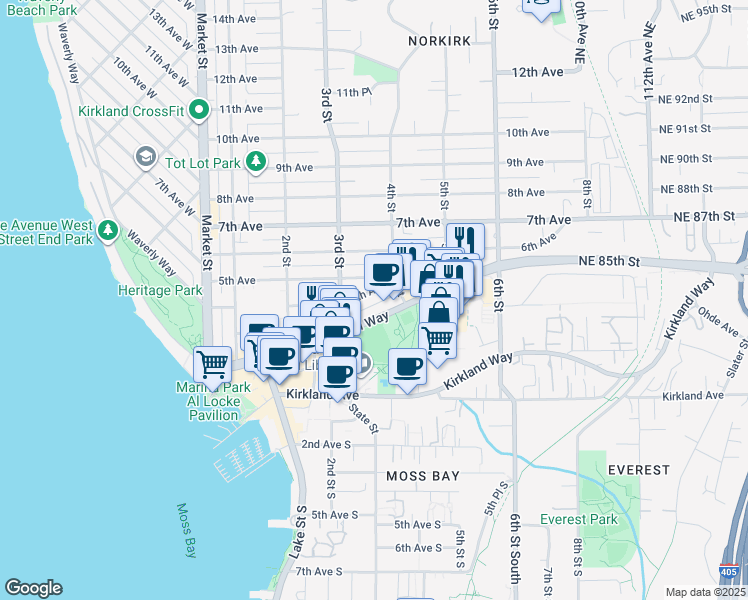map of restaurants, bars, coffee shops, grocery stores, and more near 318 4th Avenue in Kirkland