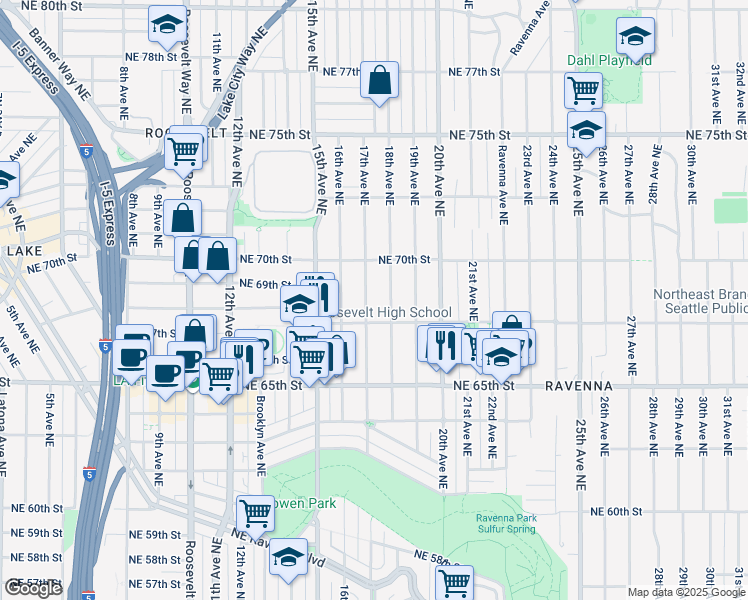 map of restaurants, bars, coffee shops, grocery stores, and more near 6847 17th Avenue Northeast in Seattle